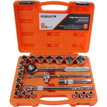 Jogo de Soquetes Estriados D26 1/2 Pol. 8 a 32mm e Acessórios com 22 Peças ROBUST-D2622AM