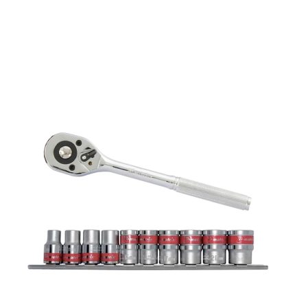 Combo Chave Catraca Reversível com Encaixe de 3/8 Pol. CRV + Jogo de Soquetes Sextavado Curtos 8 - 19 mm 10 Peças Encaixe 3/8 Pol. com Suporte MTX-K4800