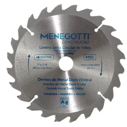 Disco Serra Circular para Madeira 180 mm 40 Dentes MSC MENEGOTTI-67303803